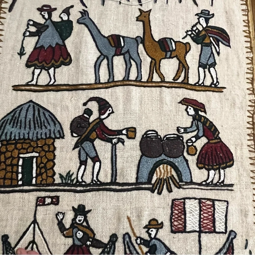 Peru Crewel Needlework Embroidered Wall Hanging Art Work Story Tapestry 35 x 21